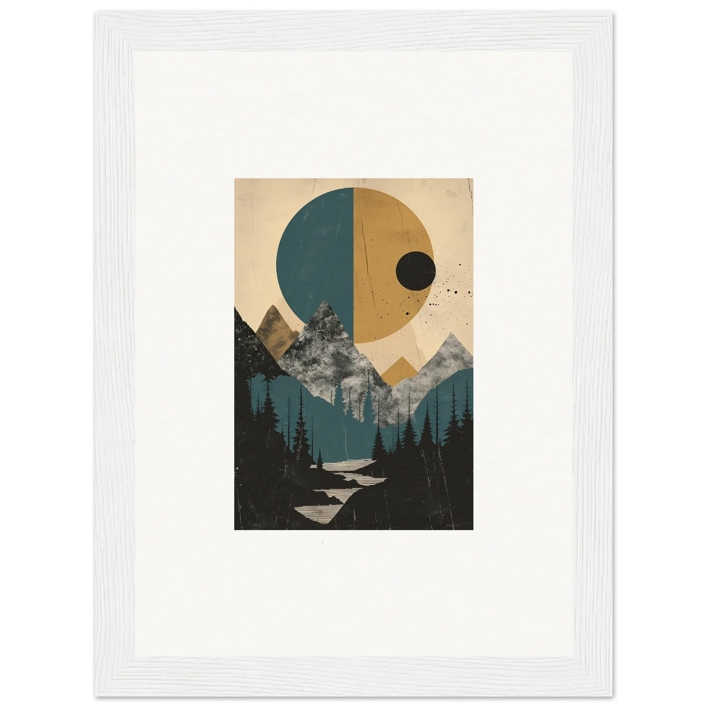 Framed abstract landscape artwork with geometric shapes, mountains, and sun for Room Decor