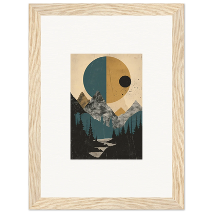 Framed abstract landscape wall art, Eclipse Oasis, featuring geometric shapes and mountains