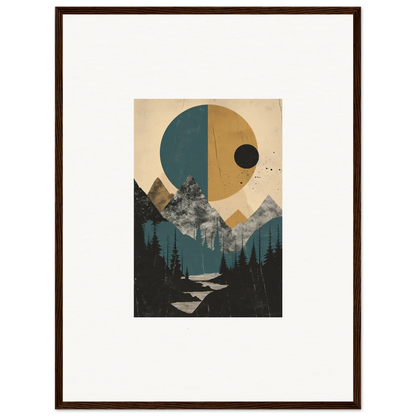 Framed wall art of abstract landscape with mountains and stylized sun for Eclipse Oasis room decor