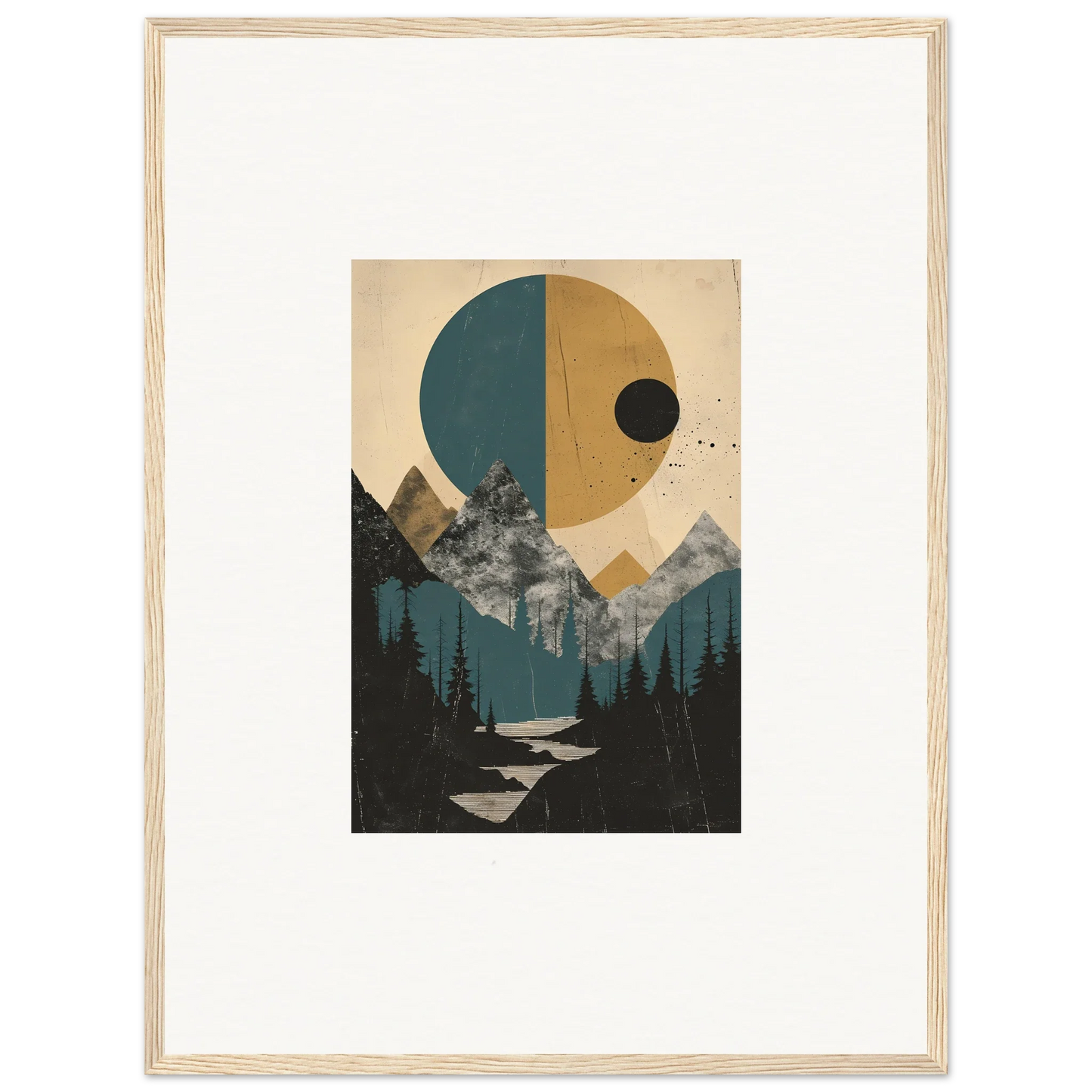 Framed abstract landscape artwork of mountains, trees, and sun for Eclipse Oasis room decor