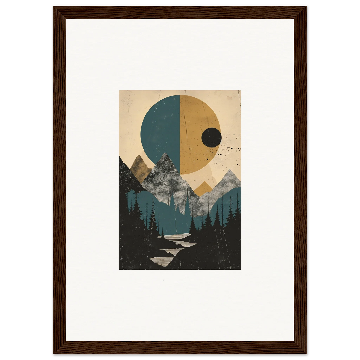 Framed wall art of abstract landscape with geometric shapes in Eclipse Oasis theme