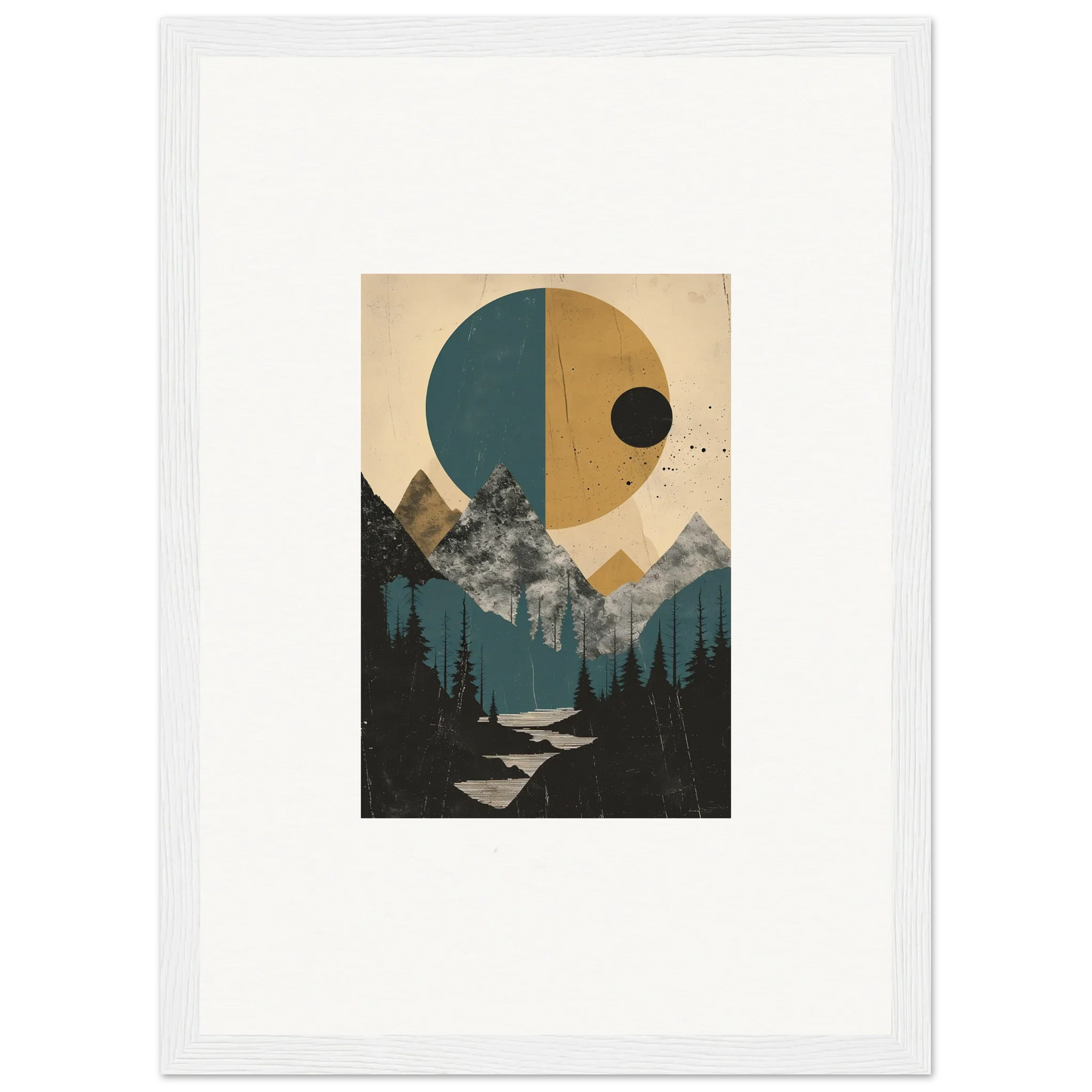 Framed abstract landscape artwork with geometric shapes, mountains, and sun for eclipse oasis room decor