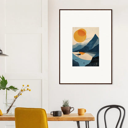 Framed abstract landscape artwork of mountains, water, and sun for elegant room decor