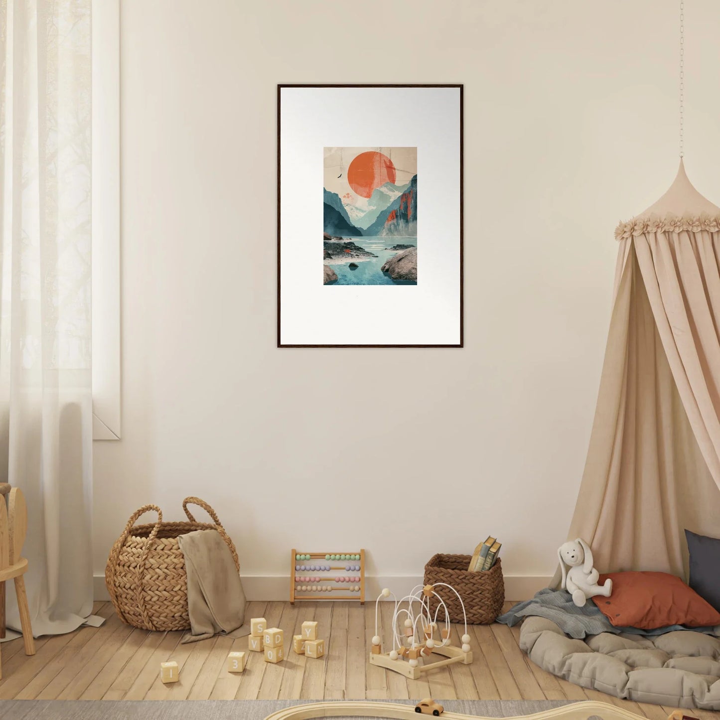 Framed wall art of mountains and water with a red sun, perfect for sun echoes room decor