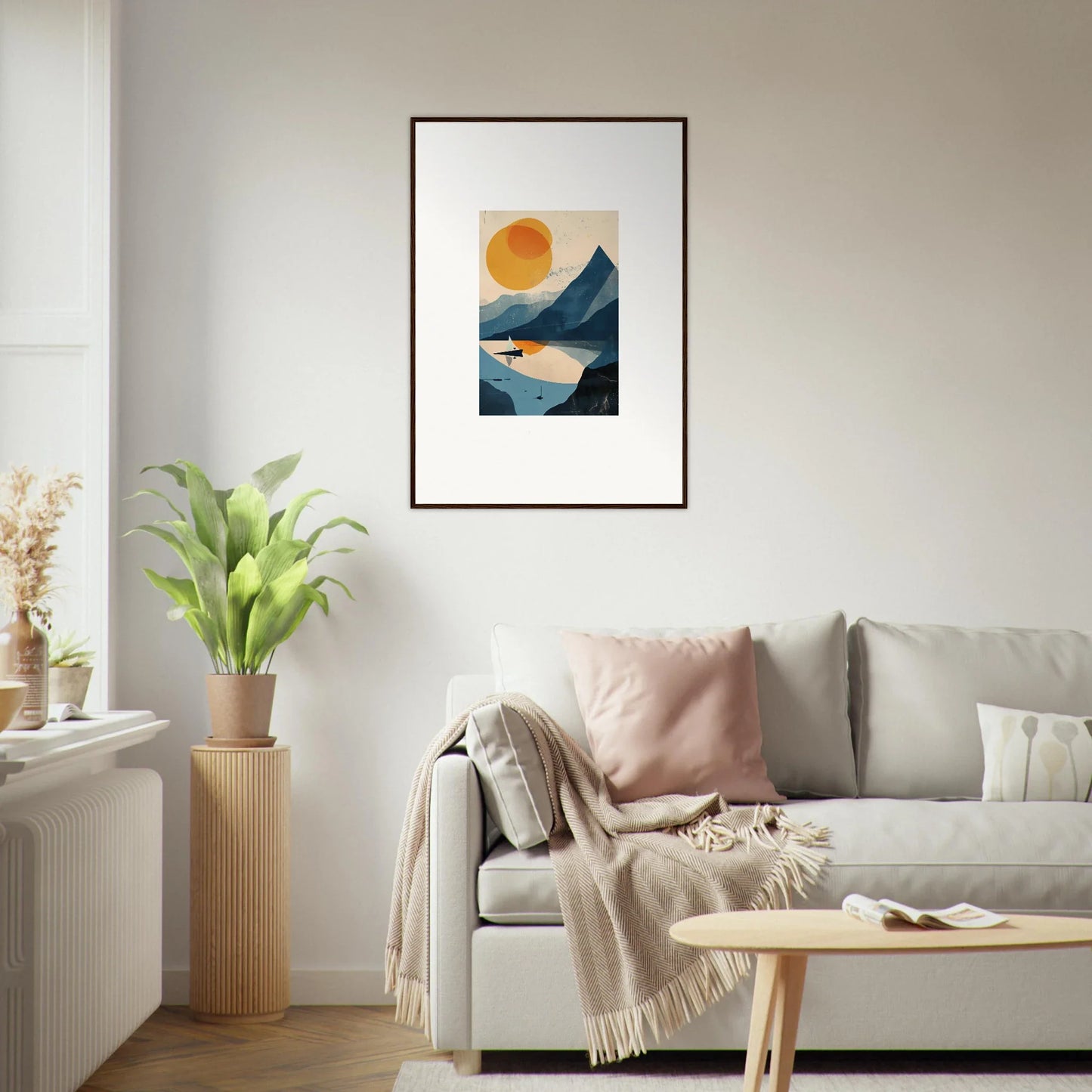 Framed abstract landscape artwork of sun, mountains, and water for stylish room decor