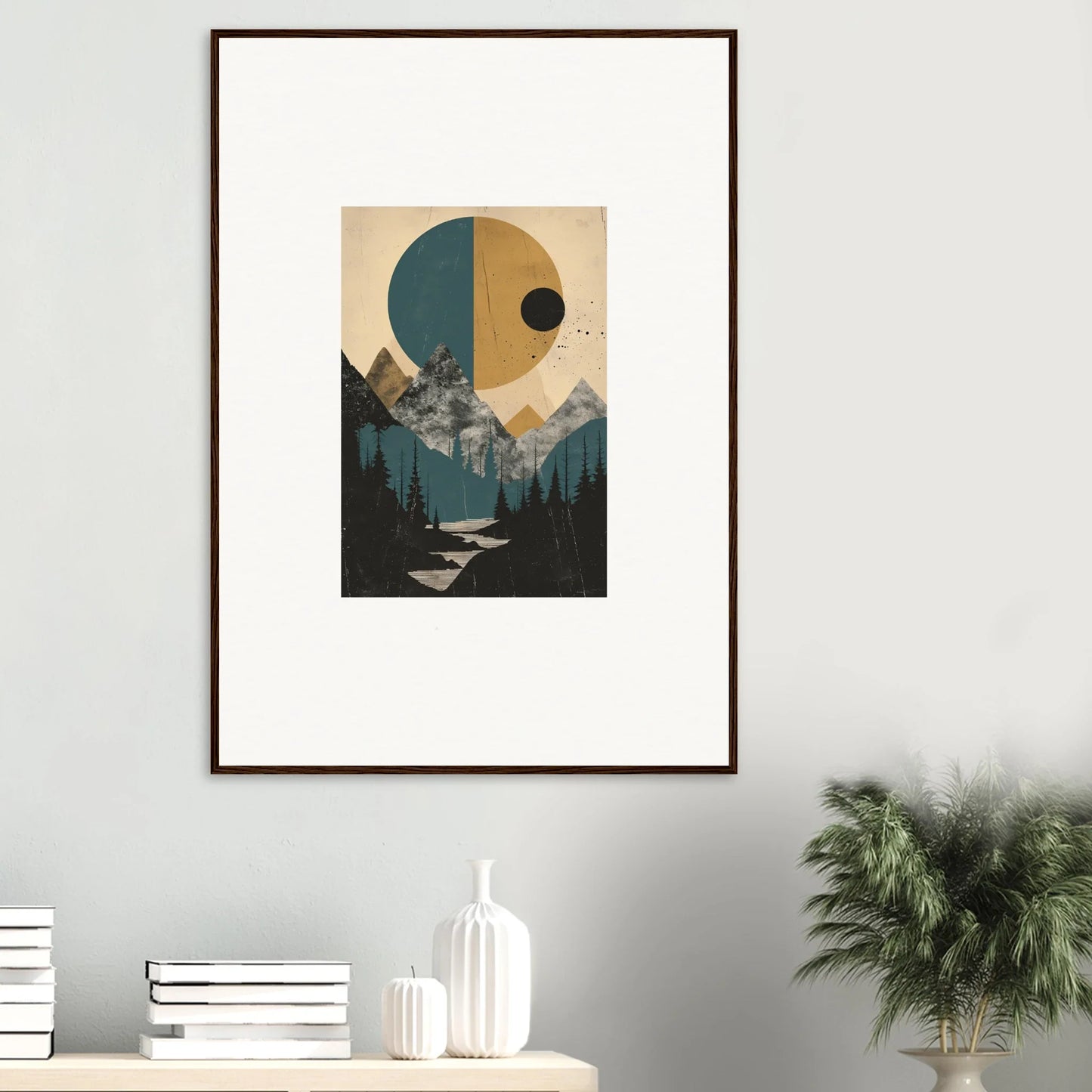 Framed wall art of an abstract landscape in Eclipse Oasis ideal for room decor