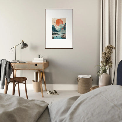 Framed wall art of a red sun over mountains, perfect for room decor and sun echoes