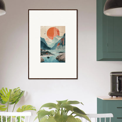 Framed wall art of abstract landscape with mountains, water, and sun echoes for room decor