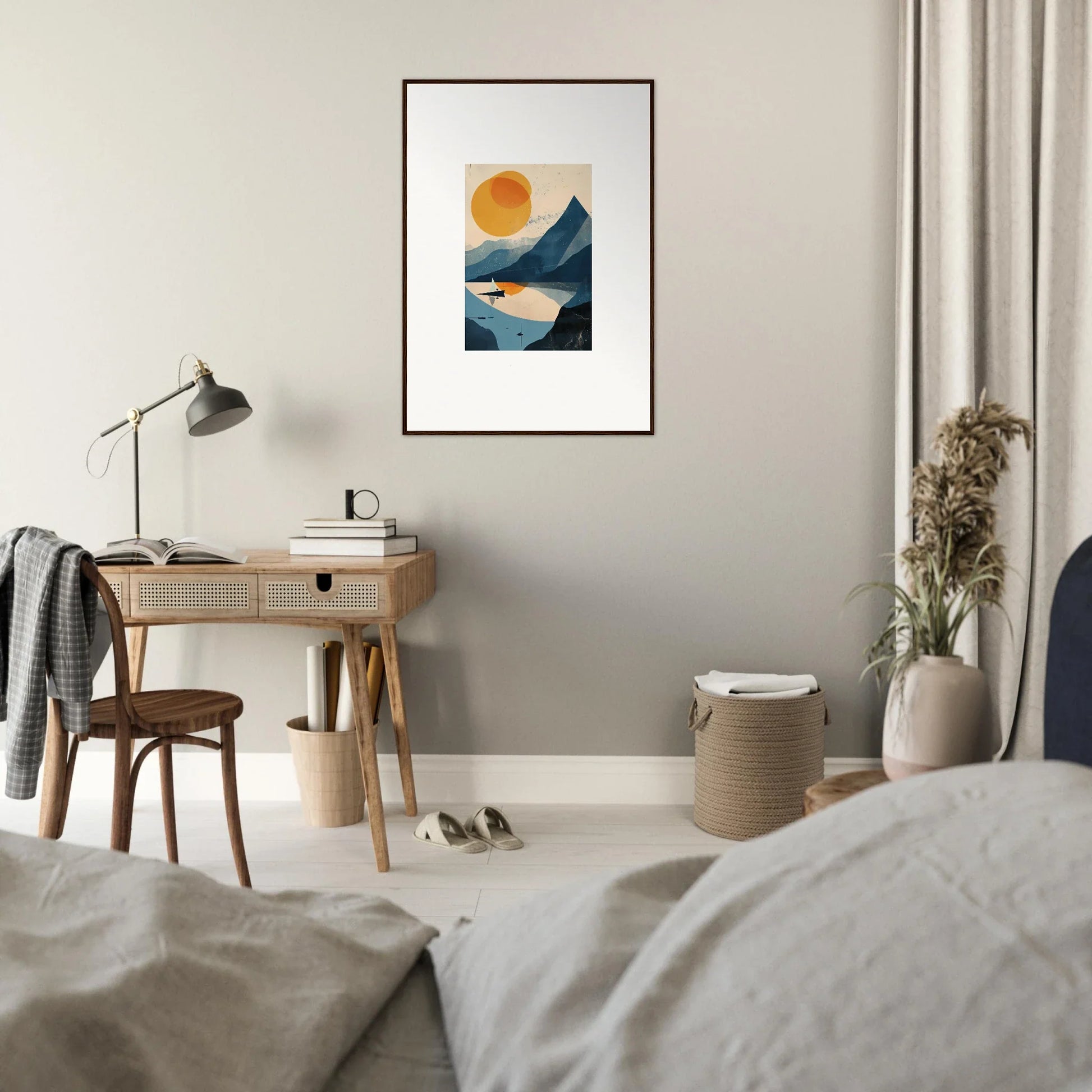 Framed abstract landscape artwork of mountains and water for stylish room decor