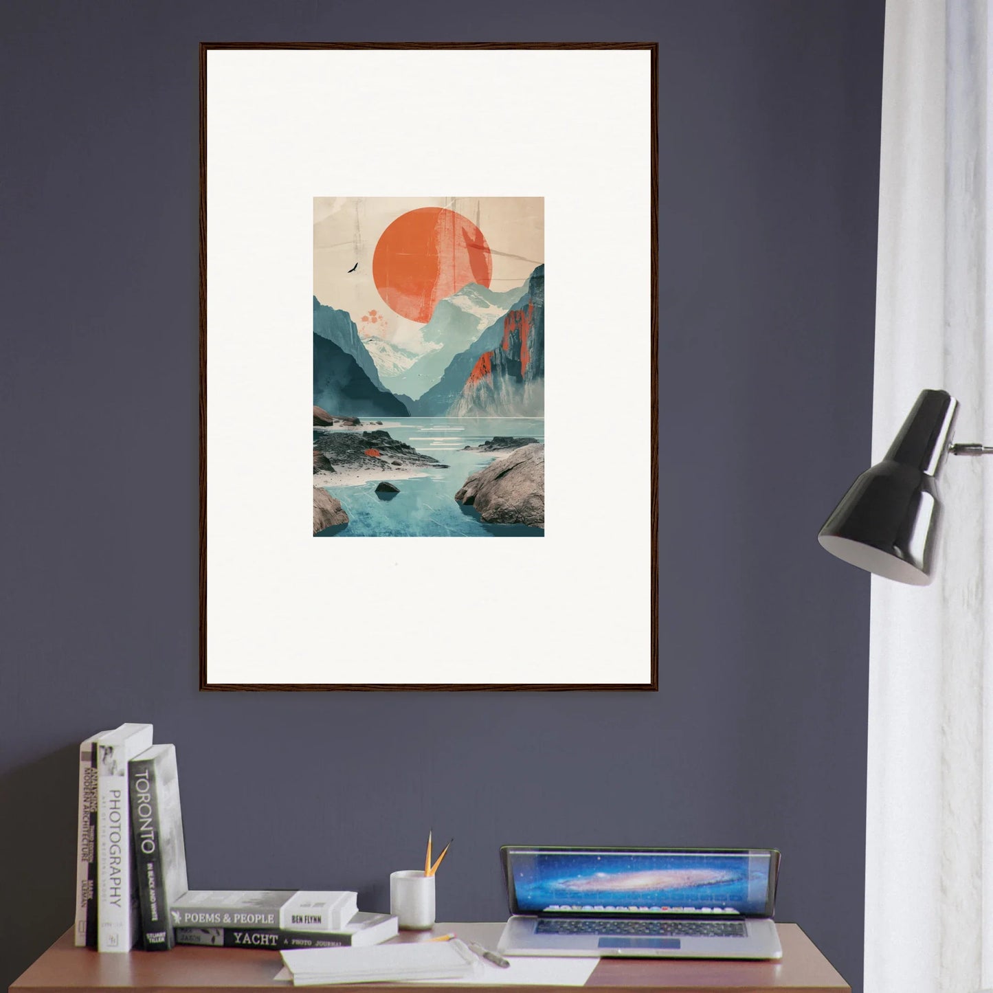 Framed wall art of abstract mountains and water with sun echoes for stylish room decor