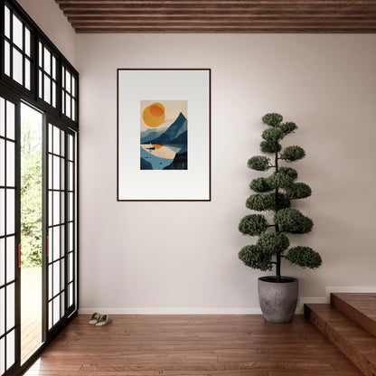 Framed abstract landscape artwork with sun, mountains, and water for stylish room decor