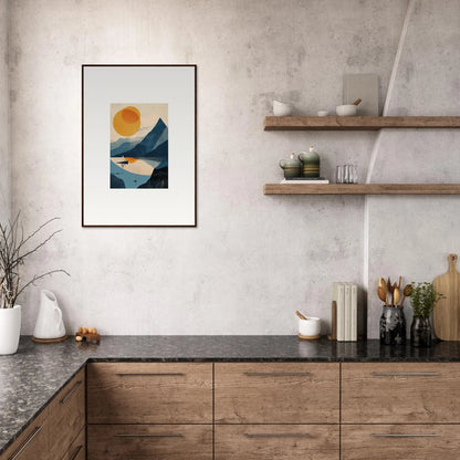 Framed abstract landscape painting of sun, mountains, and water for stylish room decor