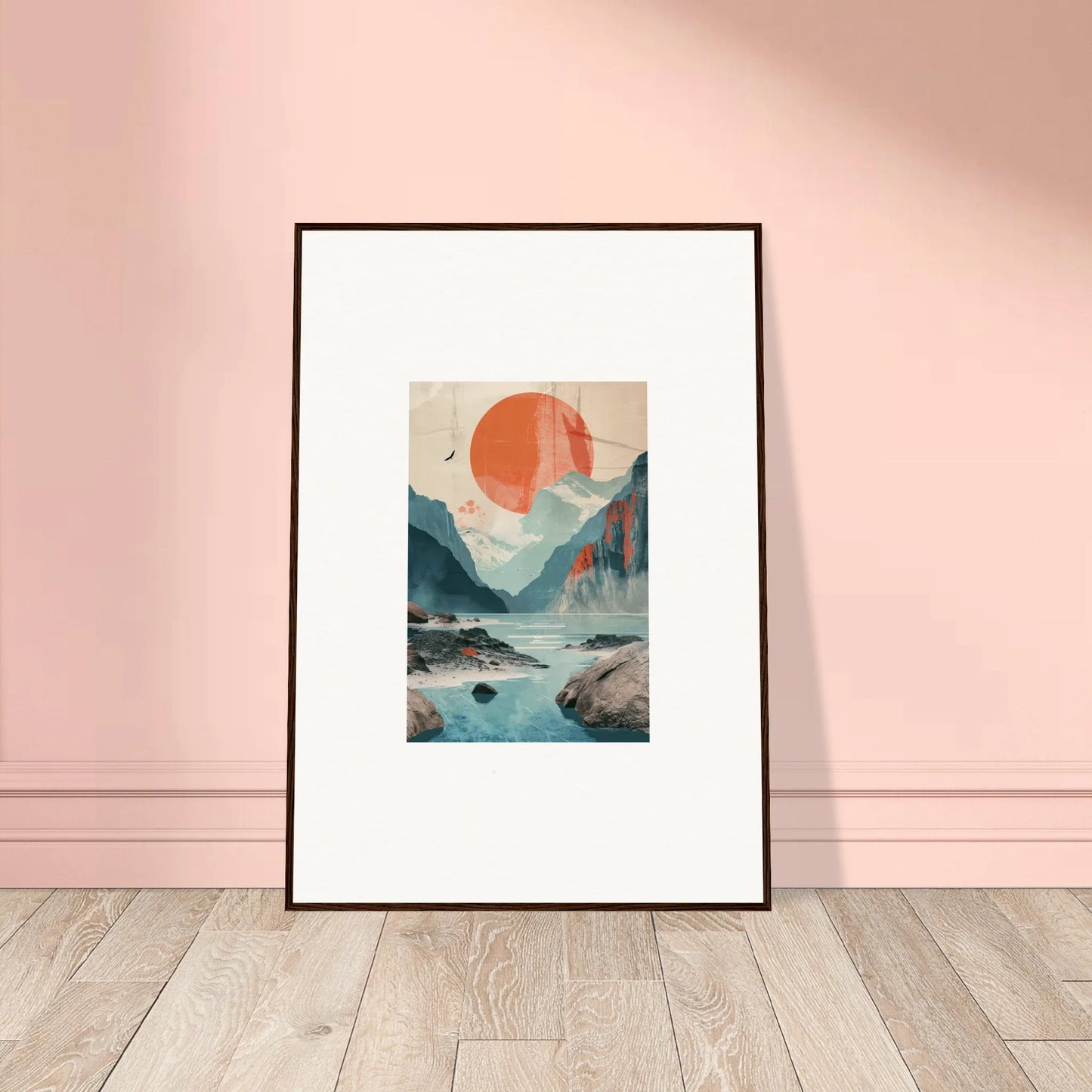 Framed abstract landscape painting of mountains and sun echoes for beautiful room decor