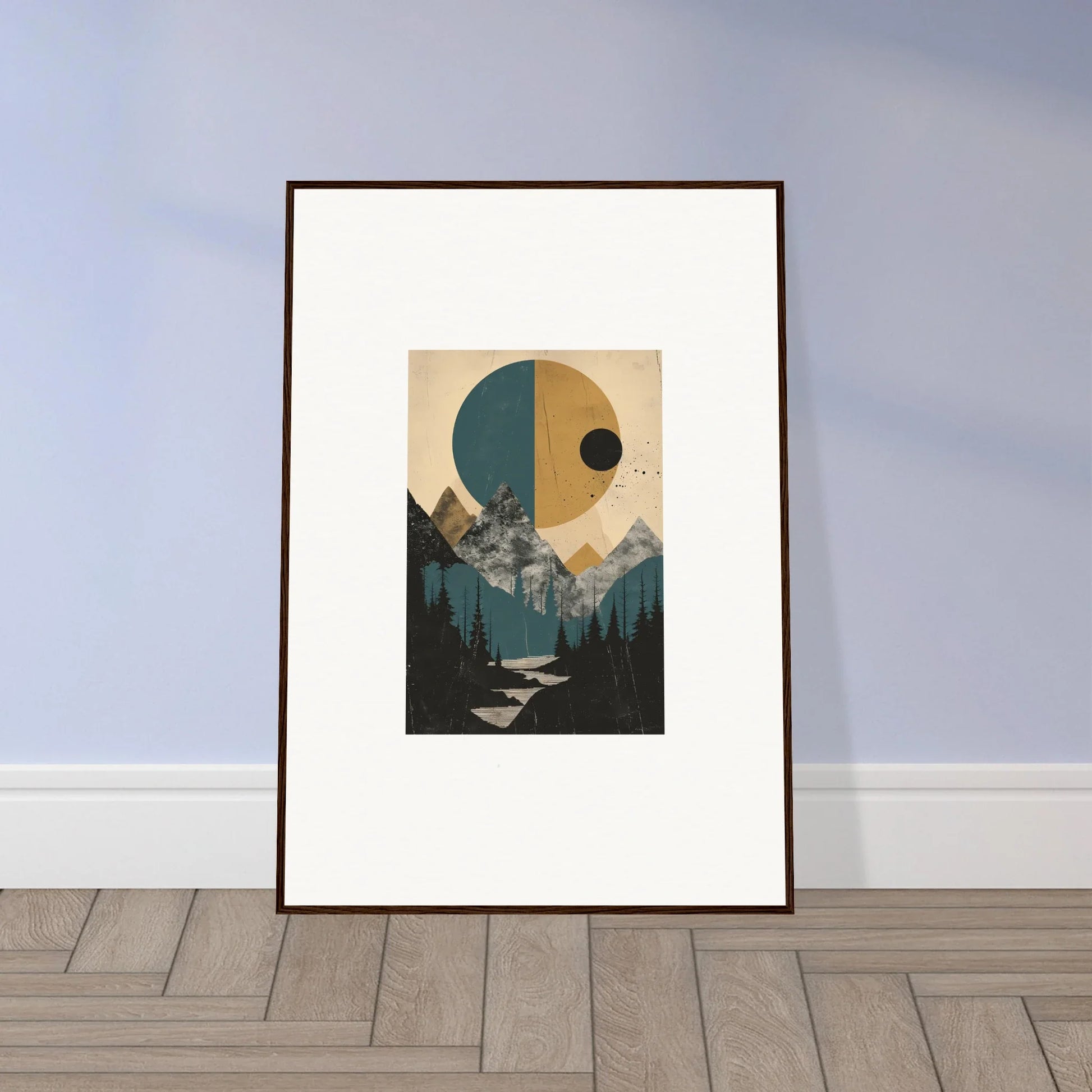 Framed abstract landscape print of mountains and river for unique eclipse oasis room decor