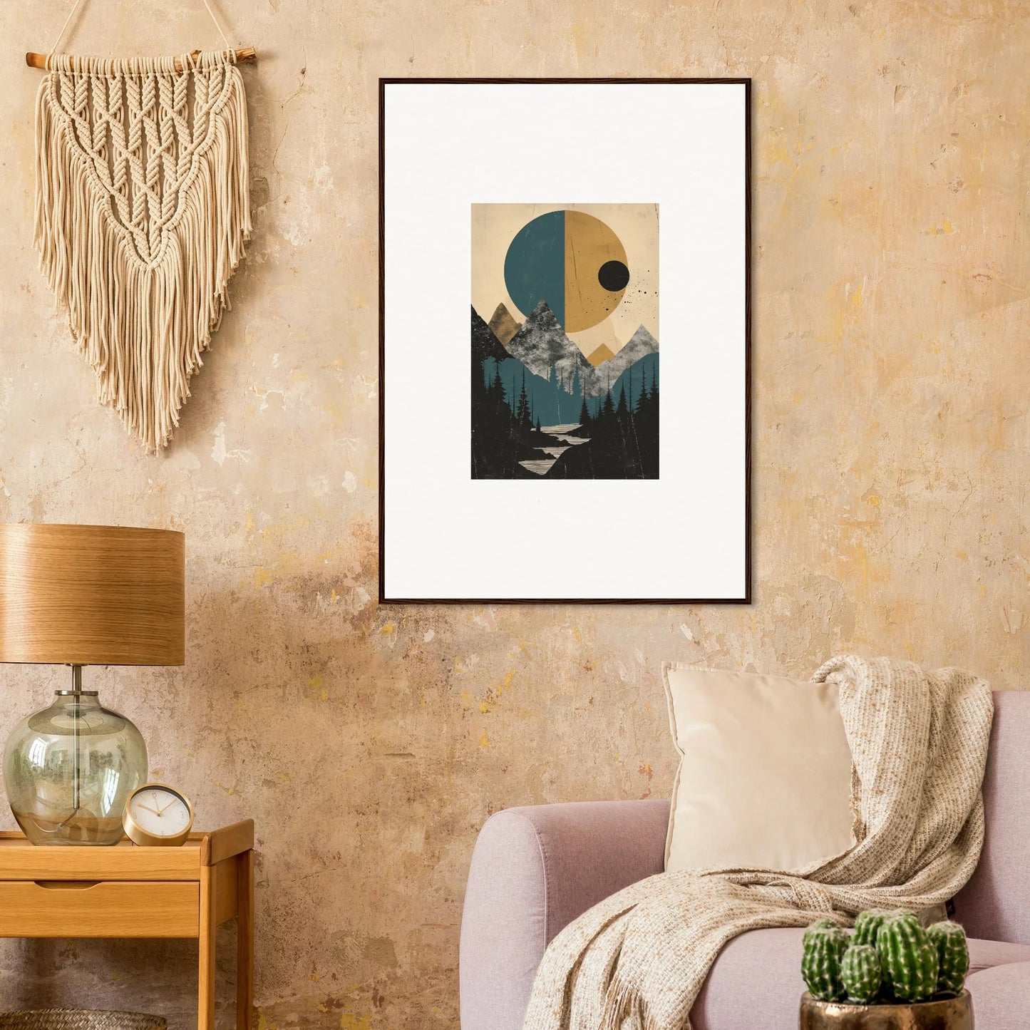 Framed wall art featuring abstract mountains and trees for stylish eclipse oasis room decor