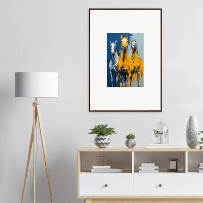 Framed abstract painting of horses in yellow and blue tones for Eleven Sunrise room decor