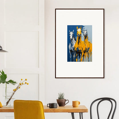 Framed wall art of a blue and yellow abstract painting of horses for Eleven Sunrise room decor