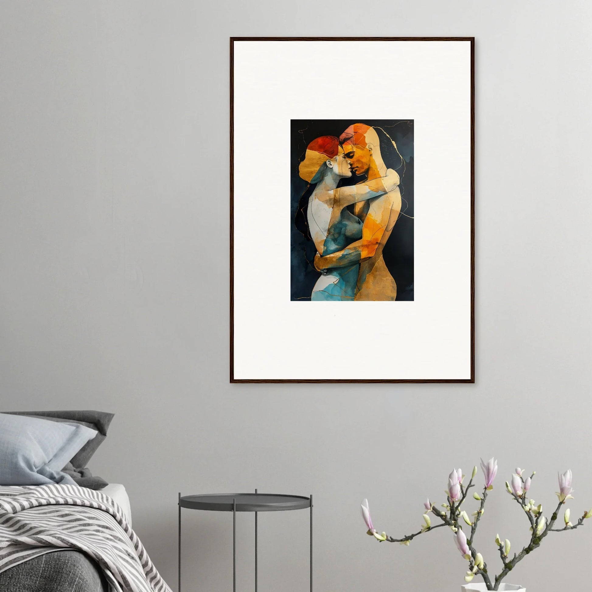 Framed wall art of vibrant embrace waves featuring two figures, perfect for room decor