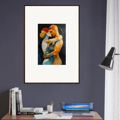 Framed wall art of intertwined figures in warm colors for stylish room decor embrace waves