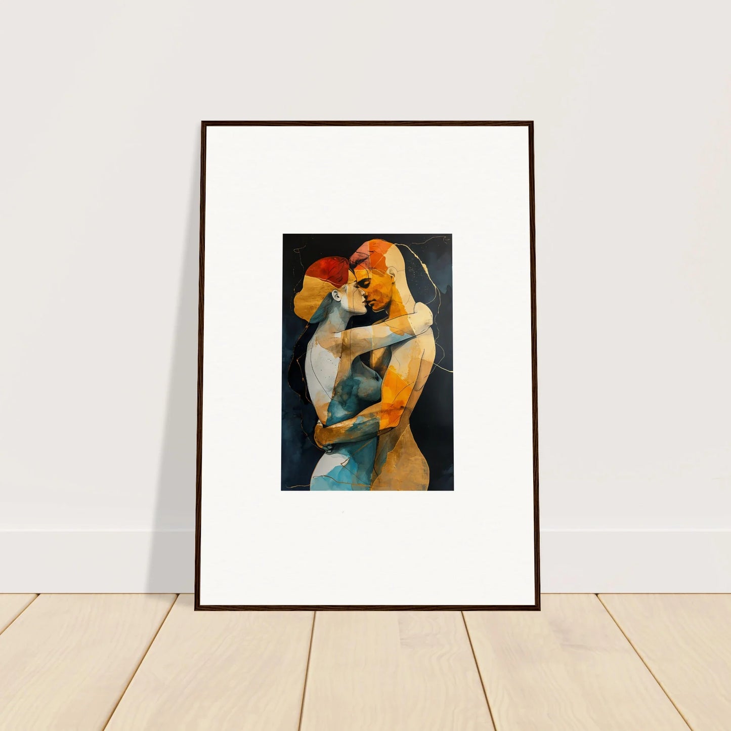 Framed wall art of embracing figures in warm tones for stylish room decor