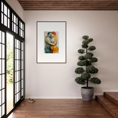 Framed wall art of vibrant patina embrace figures for unique room decor