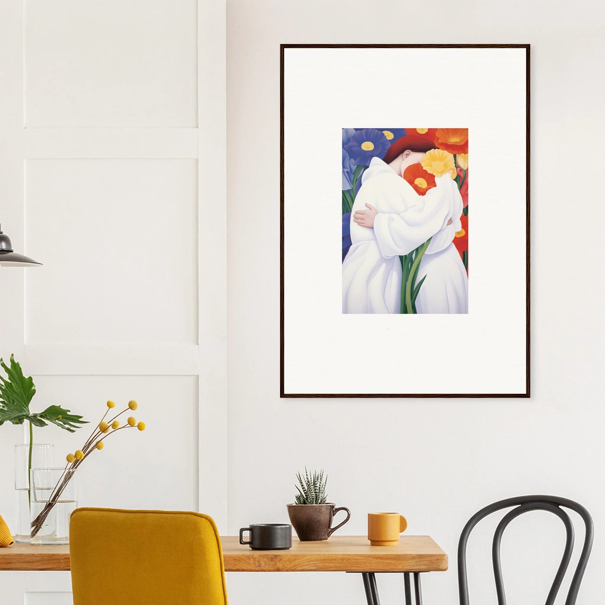 Framed wall art of a white flower with colorful background for elegant room decor