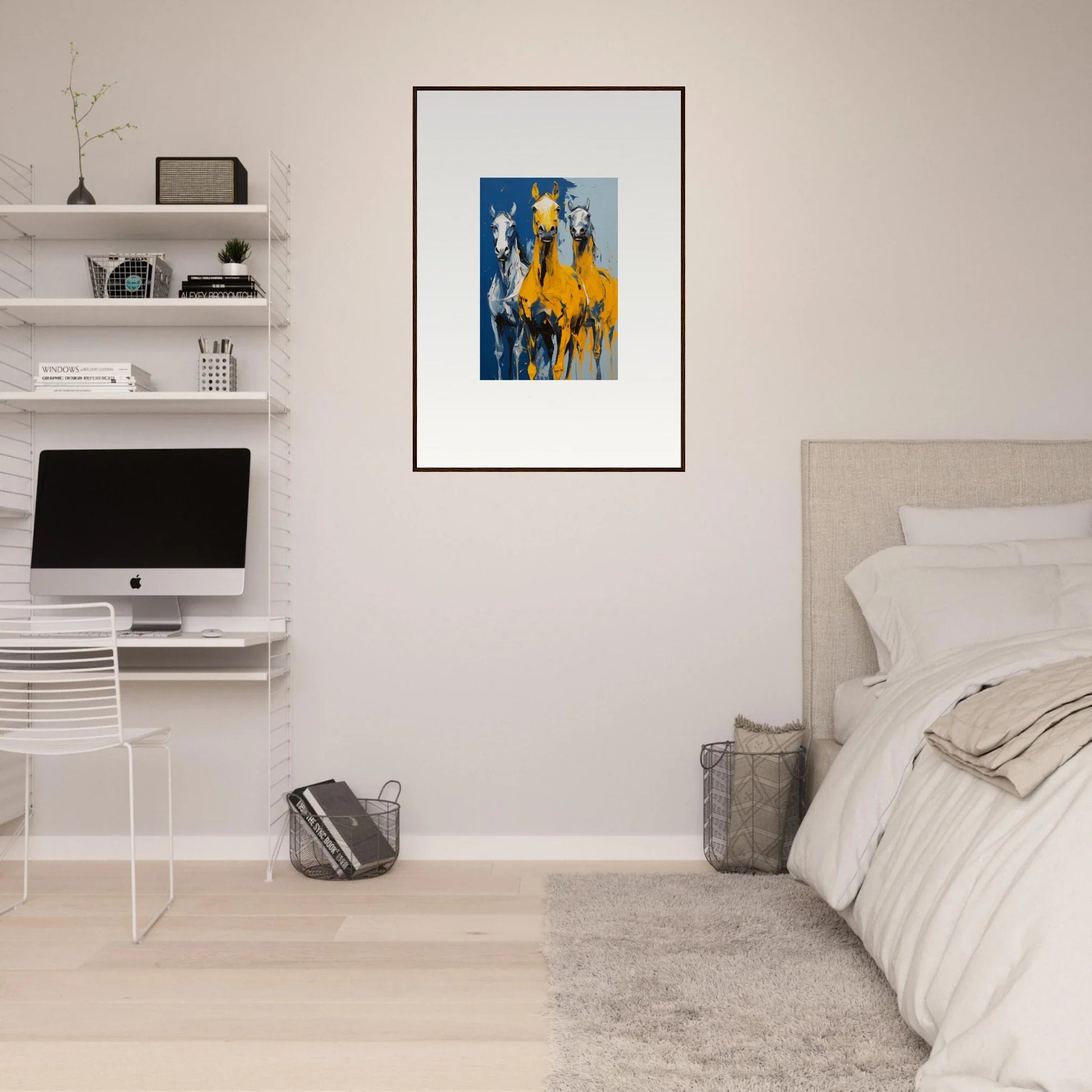 Framed abstract painting in yellow and blue, perfect for Eleven Sunrise room decor