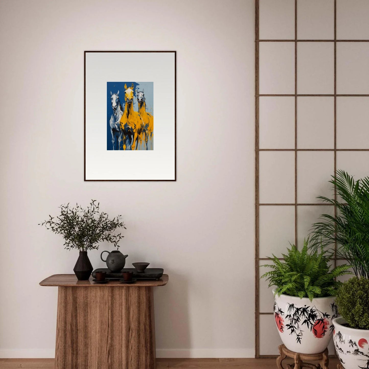 Framed wall art featuring yellow and blue shapes, perfect for Eleven Sunrise room decor