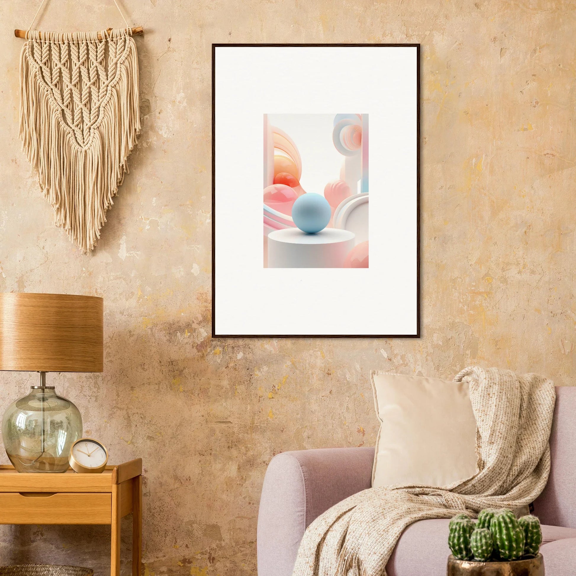 Framed wall art of pastel geometric shapes for cosmic timeless room decor