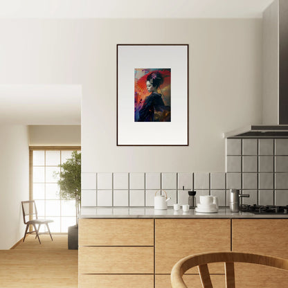 Framed wall art of Silken Realm abstract portrait enhancing kitchen room decor