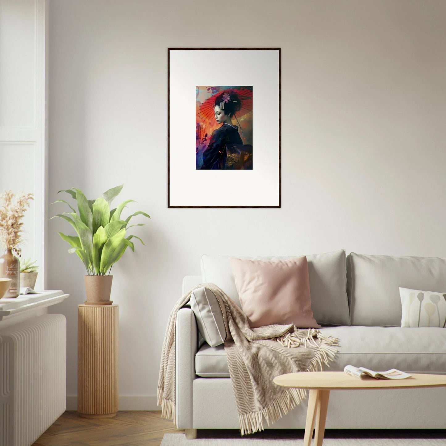 Framed wall art of a vibrant abstract portrait from Silken Realm for stylish room decor