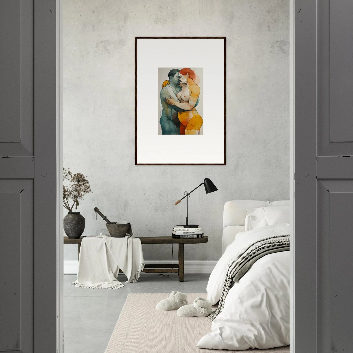 Framed wall art with muted colors, Patina Embrace adds elegance to room decor