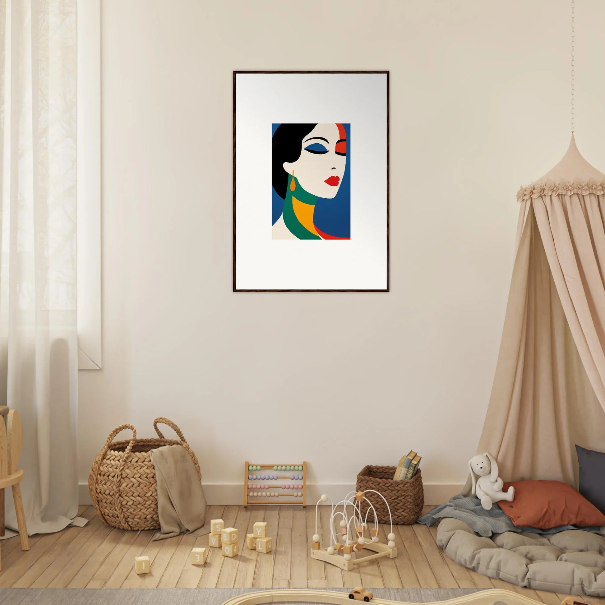 Framed wall art of Female Prism Reverie with bold colors and stylized portrait features