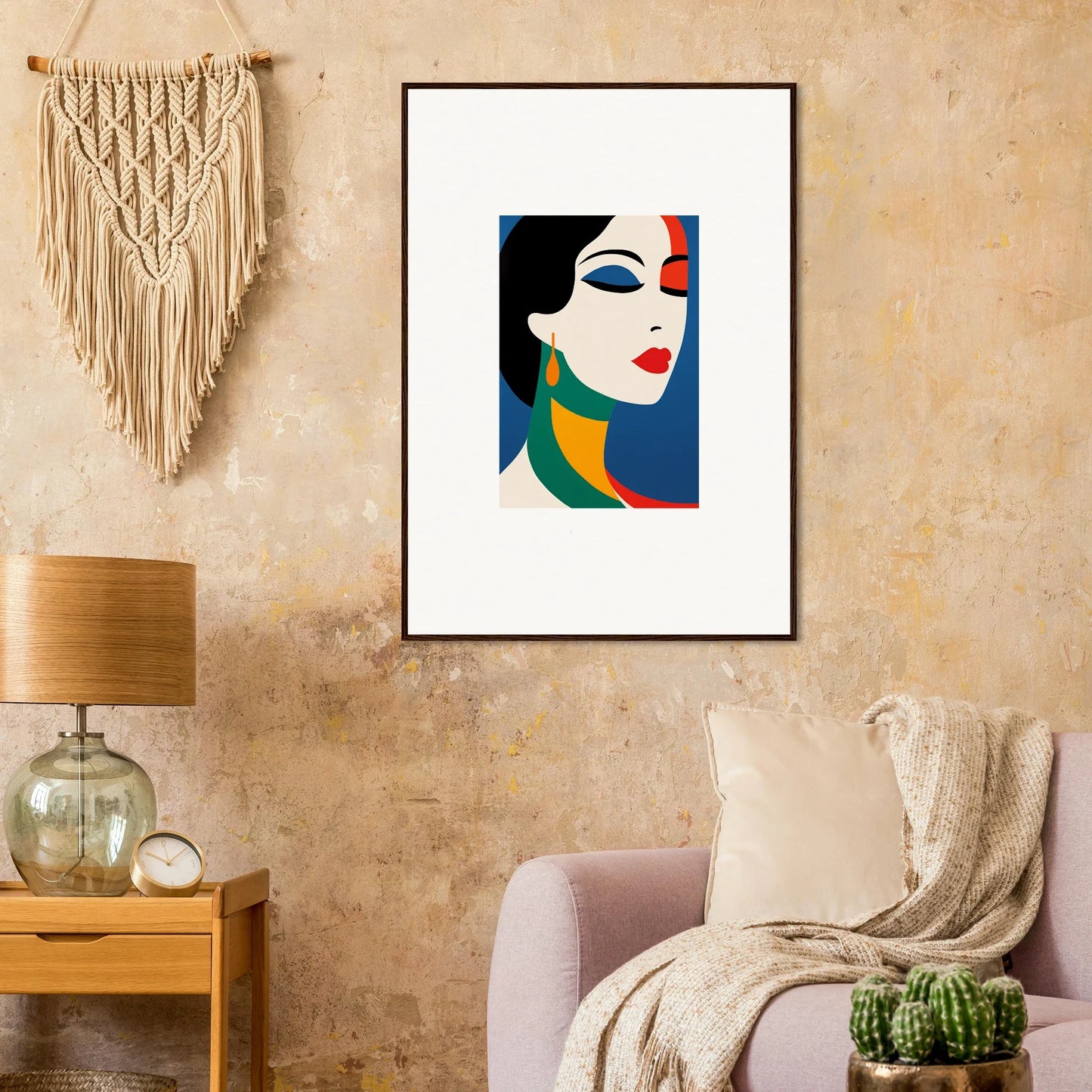 Framed wall art of a stylized face in bold colors, perfect for Prism Reverie room decor