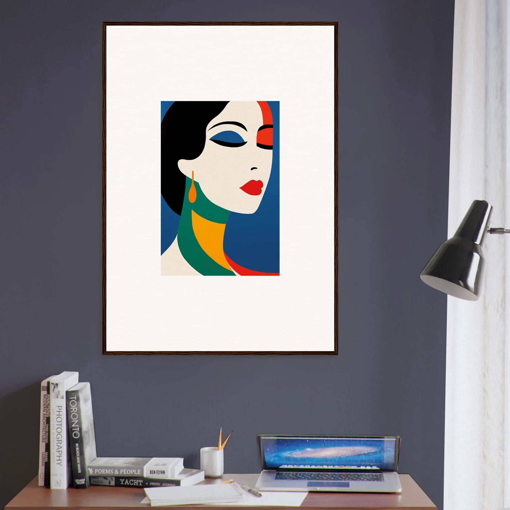 Framed wall art of a stylized face in bold colors for vibrant Room Decor, Prism Reverie