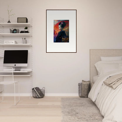 Framed wall art of a vibrant abstract portrait in the Silken Realm for stylish room decor