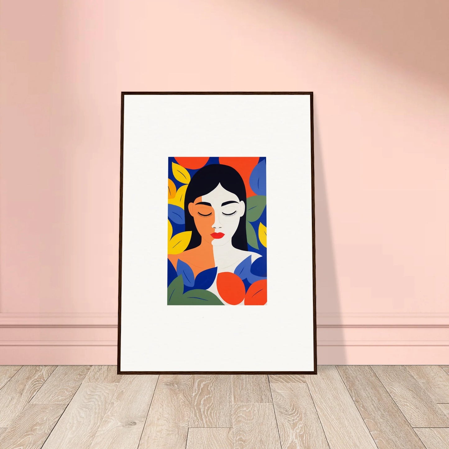 Framed wall art featuring an abstract portrait of a woman with colorful geometric shapes