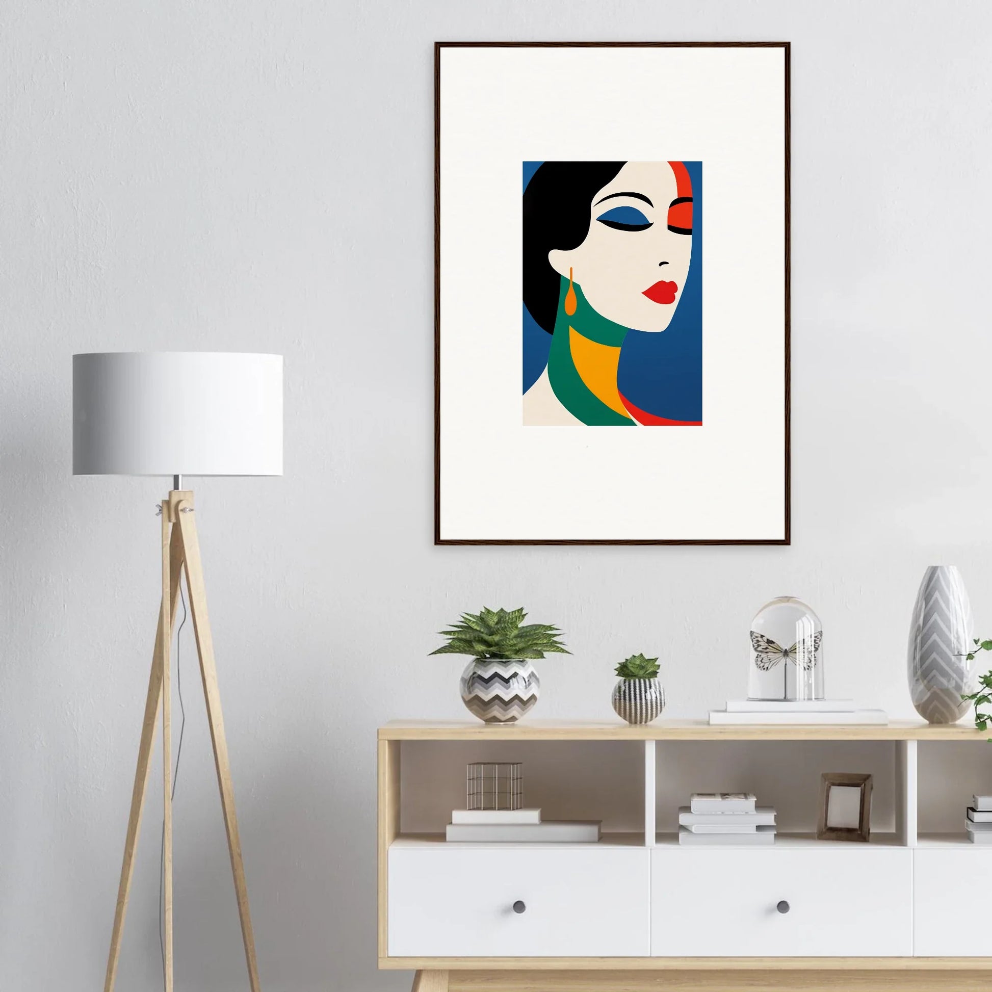 Framed wall art of a woman’s face in bold colors, ideal for Room Decor and Prism Reverie