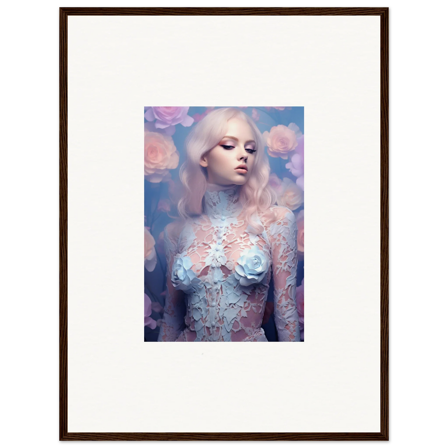 Framed wall art of a pale figure in lace attire, perfect for room decor and petal vapor themes