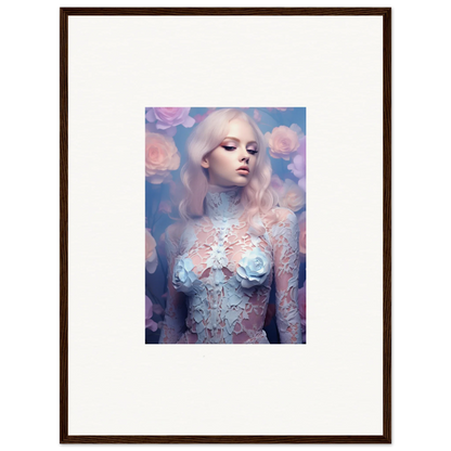 Framed wall art of a pale figure in lace attire, perfect for room decor and petal vapor themes