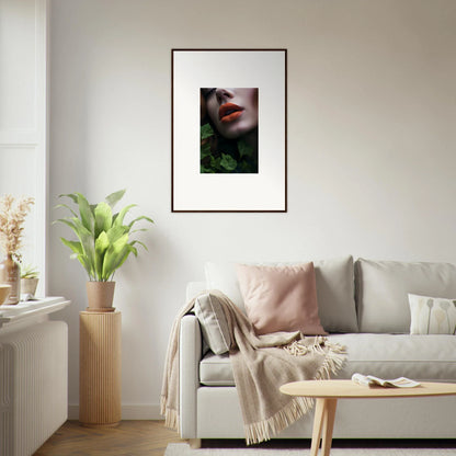 Framed wall art of red lips and green foliage, perfect for a vibrant leaf symphony room decor