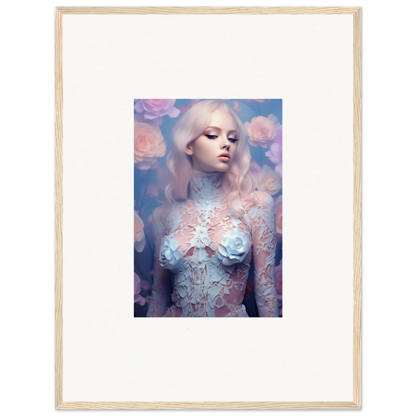 Framed wall art of a woman in pastel body paint, perfect for petal vapor room decor