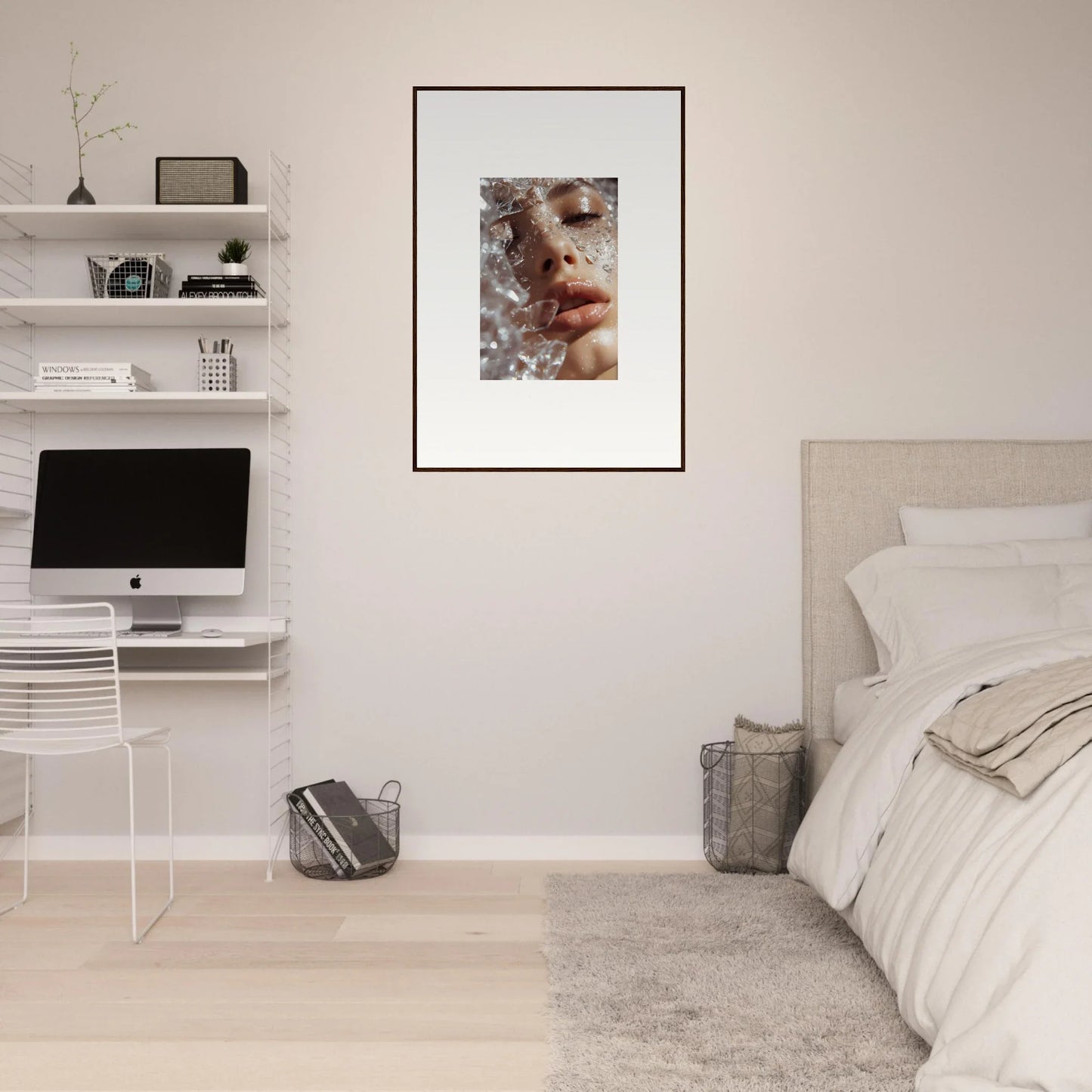 Framed wall art of a ’Whispering Dreamer’ with vibrant red lips for stunning room decor