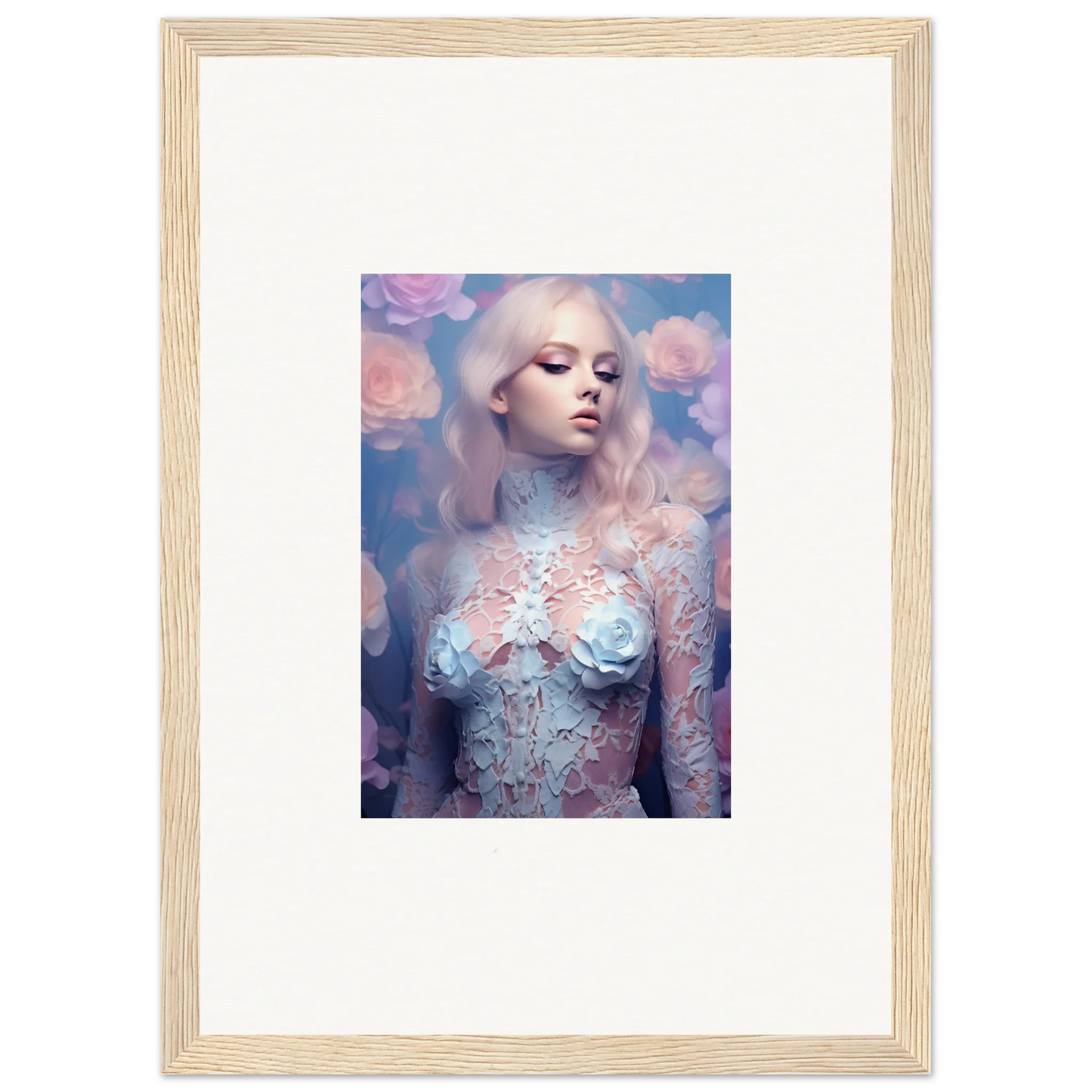 Framed wall art of a figure with petal vapor textures on a pastel background