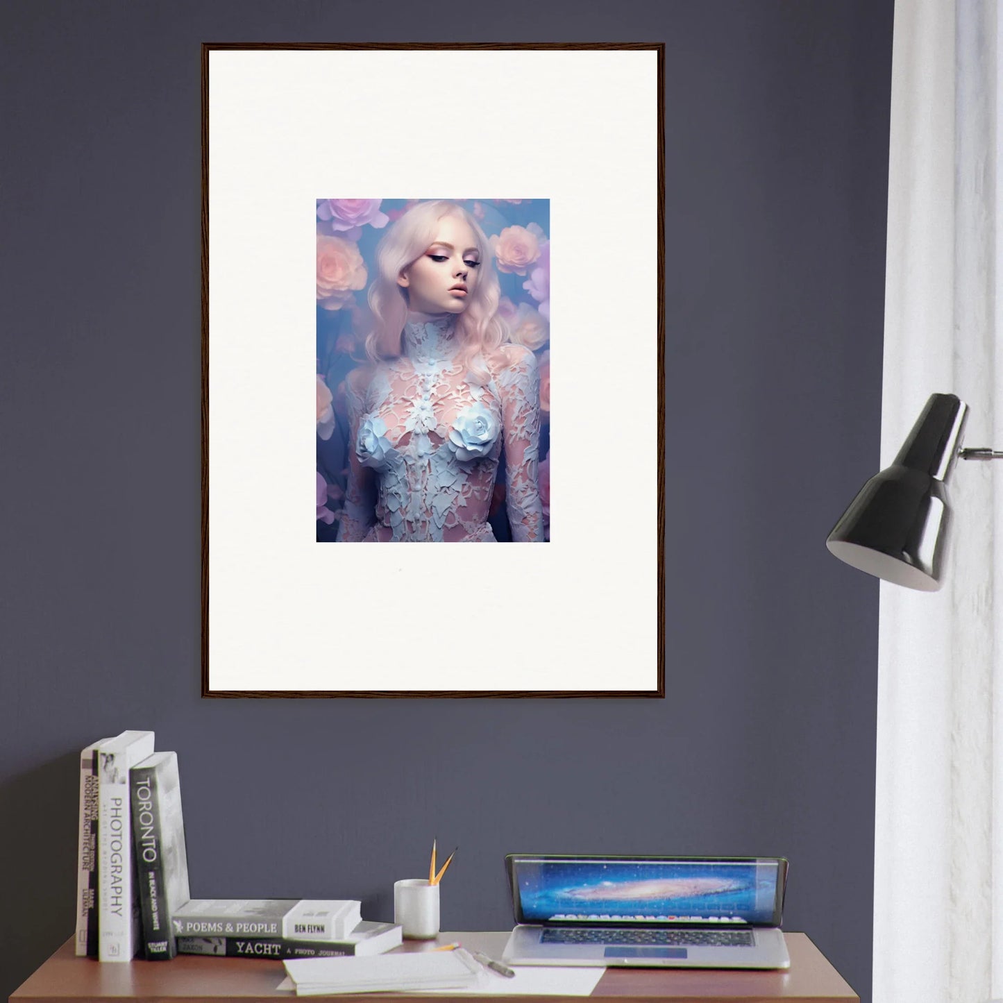 Framed wall art of pale figure with body paint, perfect for petal vapor room decor