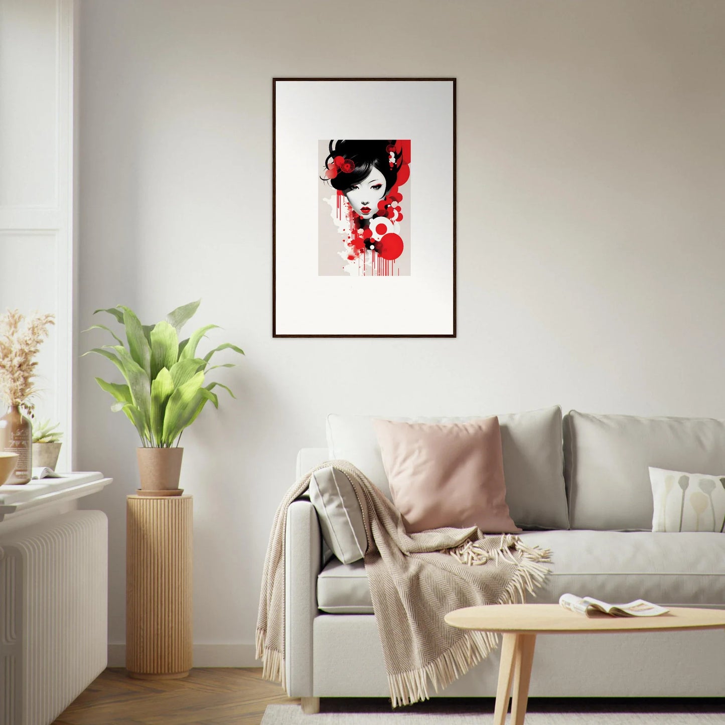 Framed wall art of a stylized face with red and black elements for visions blooming room decor