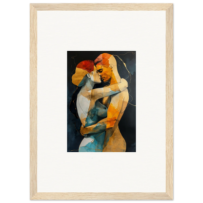 Framed wall art of an abstract painting depicting two embracing figures in vibrant colors