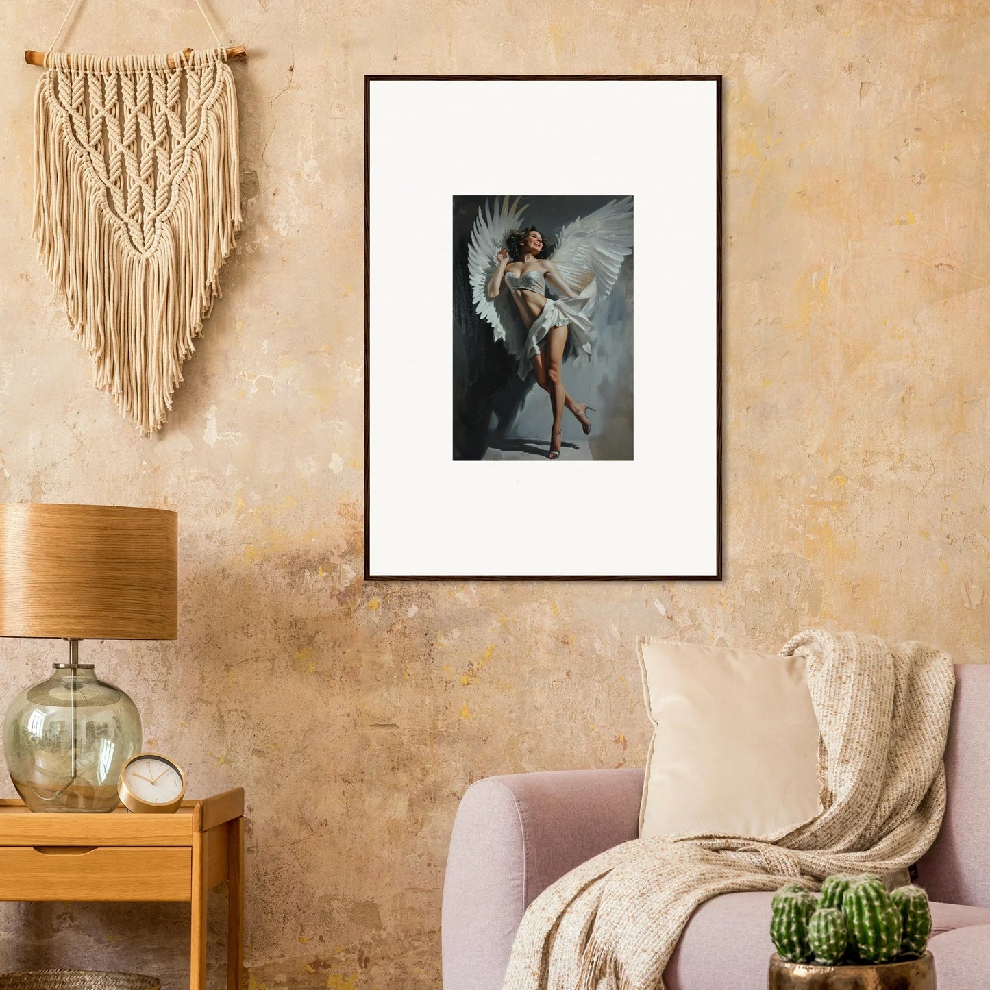 Framed wall art of an angelic figure in motion for bliss effervescent room decor