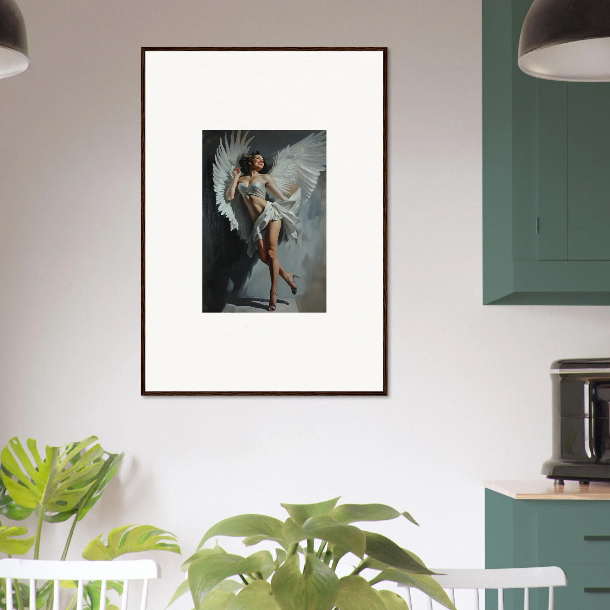 Framed wall art of an angelic figure in motion, perfect for bliss effervescent room decor