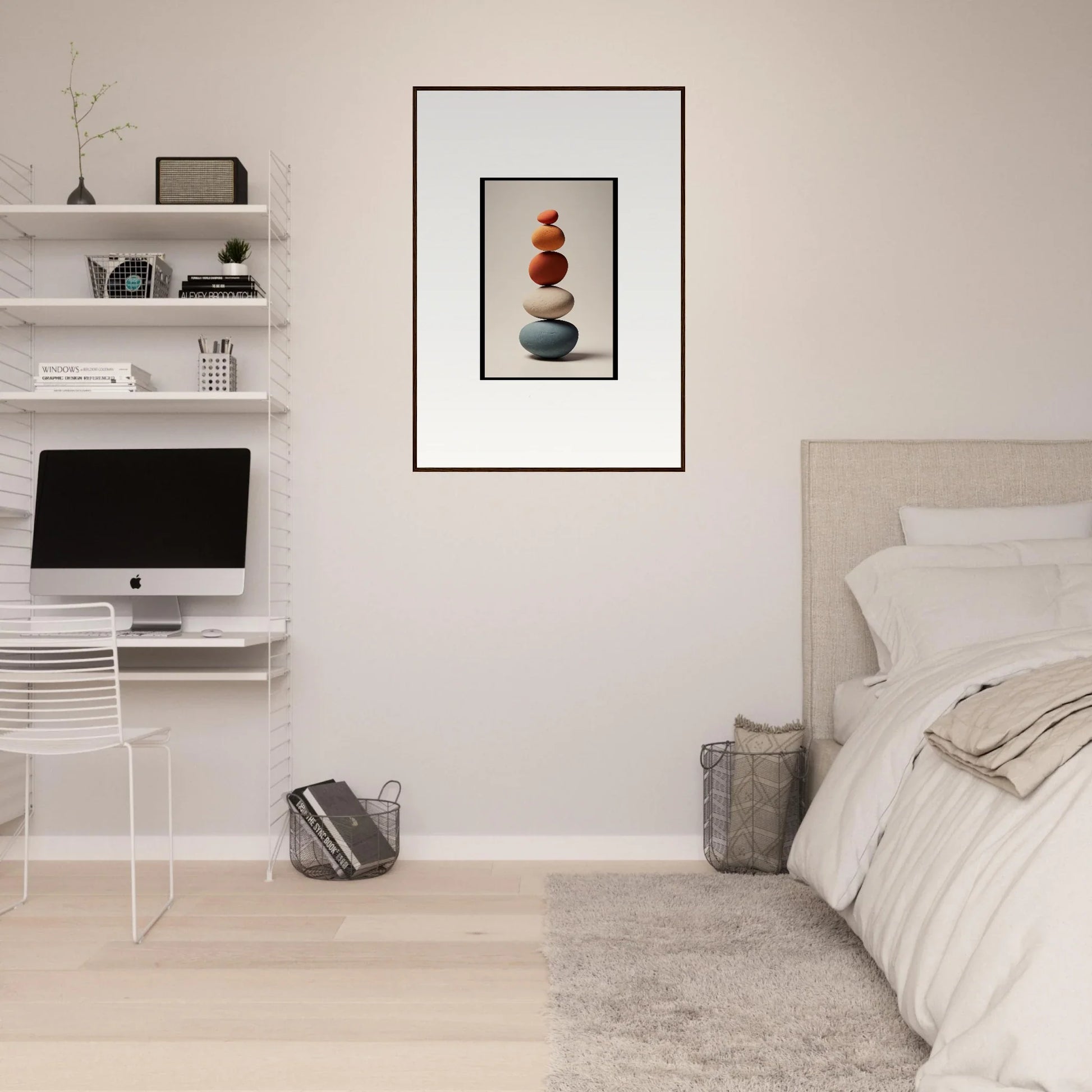 Framed wall art featuring balanced stones and a red object for Zen Collage Poetry room decor